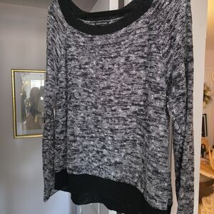 Eileen Fisher Black and Gray Crew Neck Sweater with Marled Pattern
